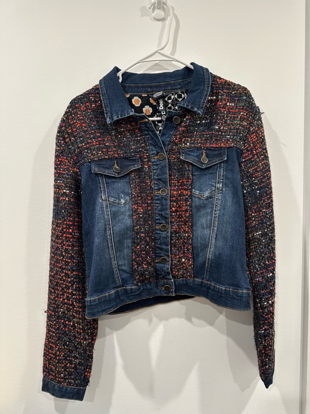 Desigual Denim Jacket Sz 42 Women Embellished Sequin Knit Sleeves